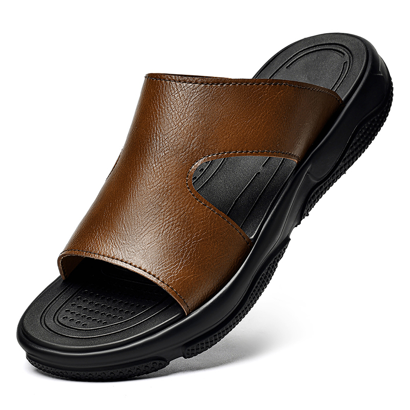 Flip Flop Leather Men - Men's Leather Slide Sandals Non-slip Thick