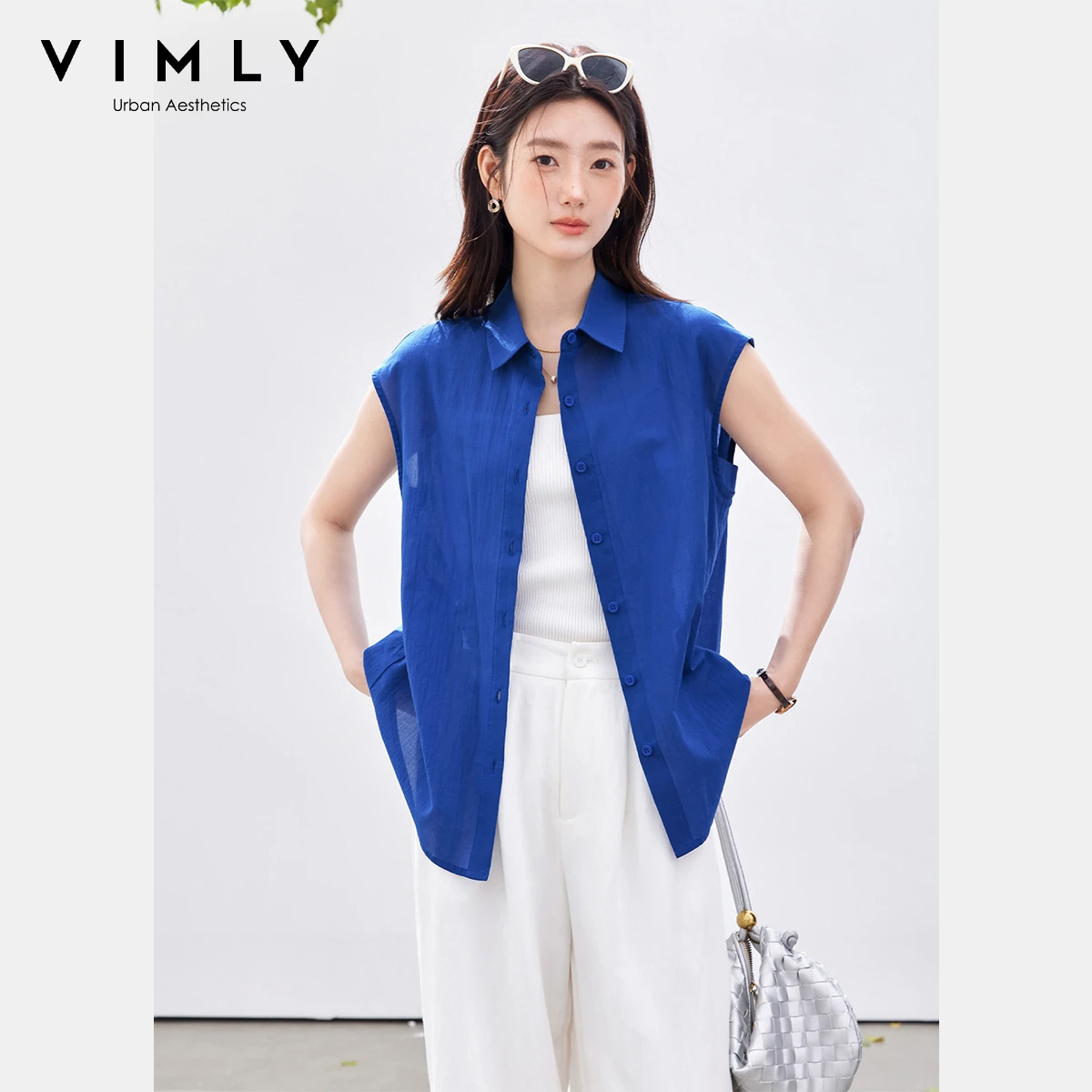 Shirt Camp Collar - VIMLY Minimalist Office Sleeveless Blouse Women