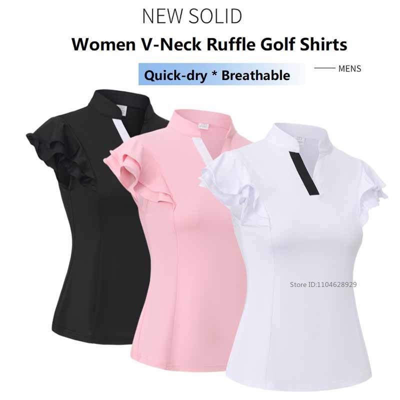Shirt Camp Collar - Women Golf Clothing Summer Ruffle Fly