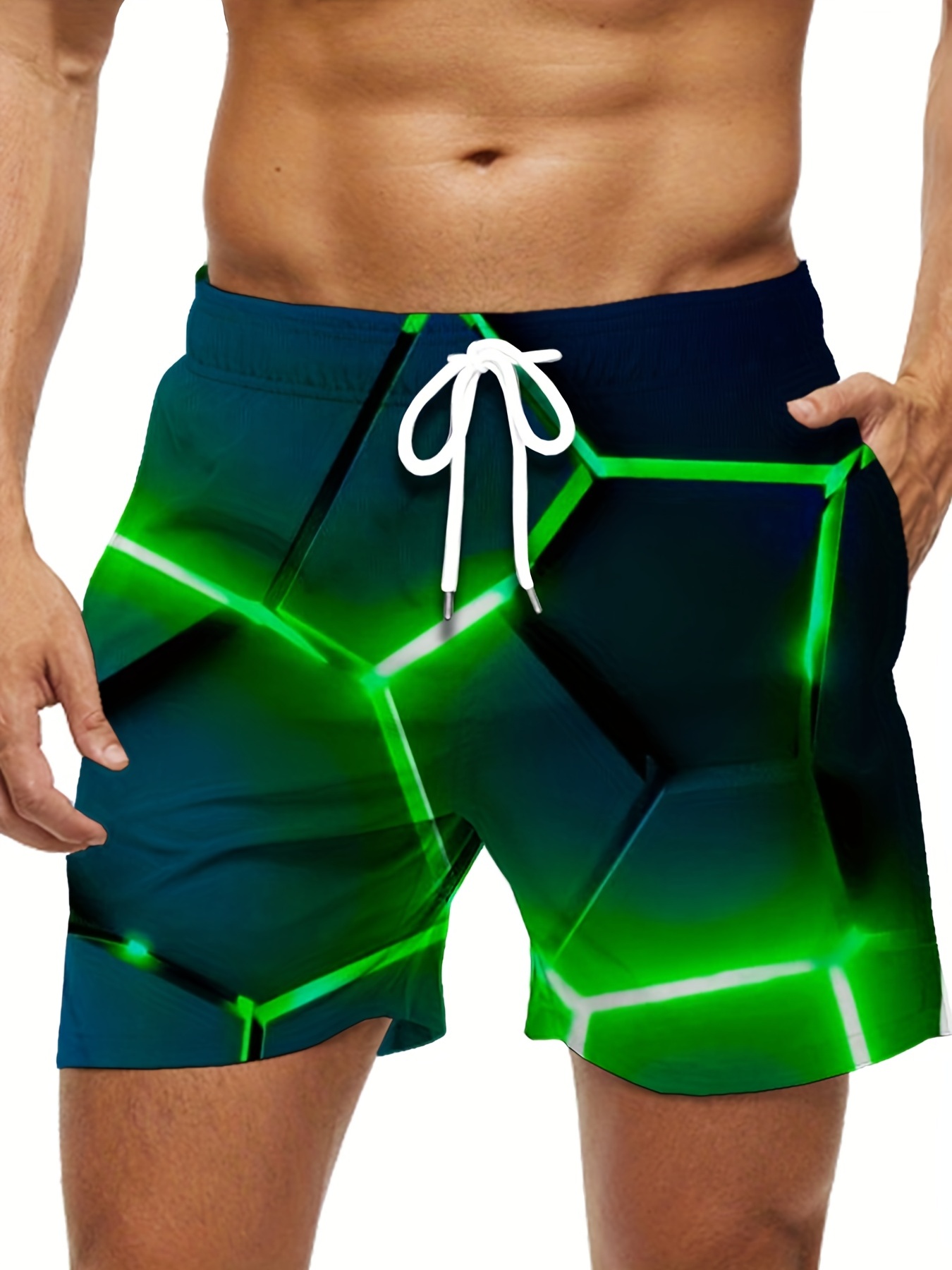 Men's Blue Neon Hexagon Print  - Swim Trunk Quick Dry recension och pris